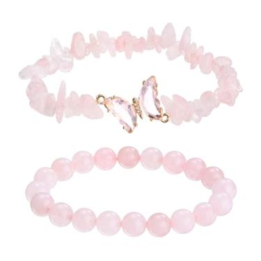 Imagem de PATIKIL Pulseiras de cristal para mulheres, 2 peças, pulseira de contas de ametista natural com pingente de borboleta elástica para presentes de amizade de casal, rosa