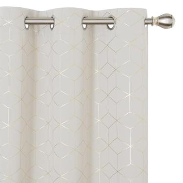 Imagem de Cortinas blecaute Deconovo com estampa de diamante dourado, escurecimento térmico, isolamento solar, argolas, painéis de cortina para sala de estar 42W x 95L Inch Light Beige | Gold Print