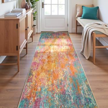 Imagem de RELEANY Tapetes laváveis de 6 x 20 cm, antiderrapante, moderno, abstrato, macio para sala de estar, entrada, quarto, berçário, padrão, laranja, azul, rosa, amarelo, colorido