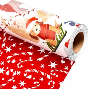 Imagem de Merture Rolo de papel de embrulho de Natal de animais – 46,5 pés quadrados para cães Dachshund com cachecol para presente com estampa de bengala doce vermelha para Natal, inverno, aniversário, chá de