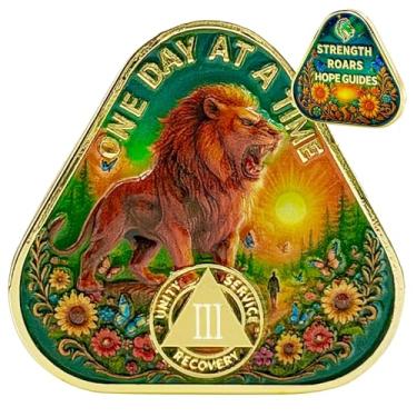 Imagem de Moeda de sobriedade de leão One Day at a Time Medalhão de recuperação AA para força rugidos guias de esperança inspirador esmalte chip coragem e sobriedade presentes (moeda de sobriedade de leão, 3