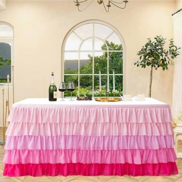 Imagem de Pufogu Saia de mesa de tule rosa 4,3 m Tutu Ruffled Chiffon Toalha de mesa para casamento retangular chá de bebê meninas festa de aniversário e bolo sobremesa decorações de mesa (BrightRainbow,