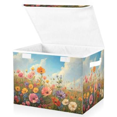 Imagem de Blueangle Caixas de armazenamento dobráveis 1 pacote, cestas de armazenamento de pintura a óleo de flores silvestres com tampas e alça para casa, quarto, armário e escritório (505)