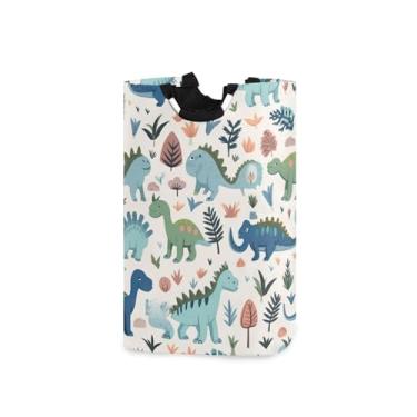 Imagem de Blueangle Cesto de roupa suja dobrável colorido de dinossauro com alças – Saco de cesto de roupa impermeável dobrável | Solução de armazenamento de roupas que economiza espaço para dormitório