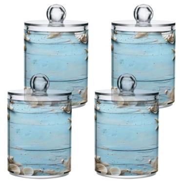 Imagem de ATTX Dispensador de suporte Qtip de madeira azul para bola de algodão, cotonete, frasco de boticário de plástico transparente, pote de armazenamento de cozinha para decoração de casa, pacote com 4