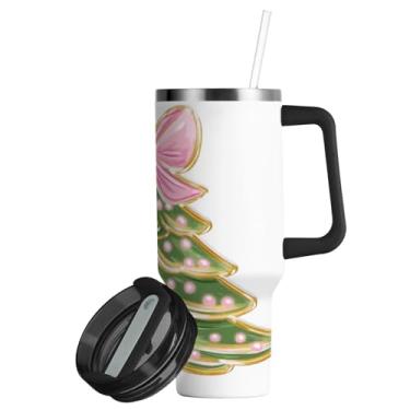 Imagem de ATTX Copo de arco rosa de árvore de Natal de 850 g com alça, copo de aço inoxidável a vácuo de parede dupla com palha, caneca de café de viagem isolada #420