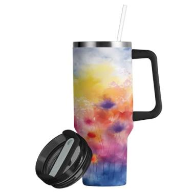 Imagem de ATTX Copo de pintura de flores coloridas de 850 g com alça, copo de aço inoxidável a vácuo de parede dupla com palha, caneca de café de viagem isolada #219