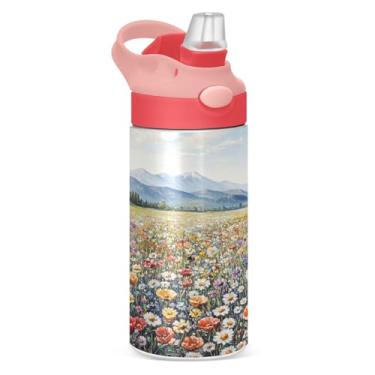 Imagem de Blueangle Garrafa de água de campo de margaridas de aço inoxidável isolada de 350 ml com tampa de canudo - Garrafa esportiva reutilizável e portátil à prova de vazamento para viagens, ao ar livre (504