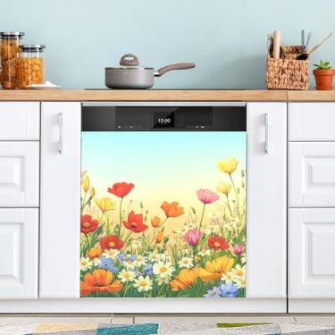 Imagem de ATTX Capa de ímã de lava-louças de flores coloridas, 58,4 cm C x 66 cm A decoração da capa da máquina de lavar louça, decalques de armário doméstico adesivos de eletrodomésticos #73