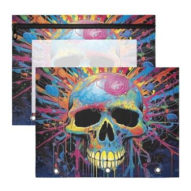 Imagem de ATTX Pacote com 2 bolsas coloridas para fichário de caveira – Bolsa impermeável com zíper de 3 anéis com janela transparente, acessórios de material de escritório para estojos de lápis e organizador