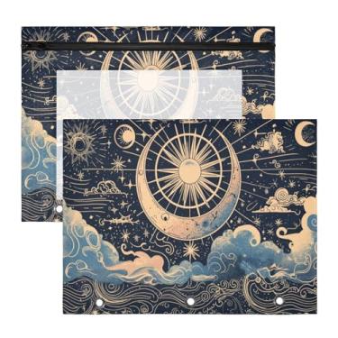 Imagem de Blueangle Bolsa para lápis de sol e lua para fichário de 3 anéis, 2 pacotes com bolsa de lápis com janela transparente para documentos com zíper para escritório (248)
