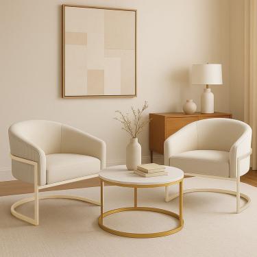 Imagem de Poltrona Sala Industrial Champanhe Kit 2 Arielle Veludo Cotelê Bege D03 - D'rossi