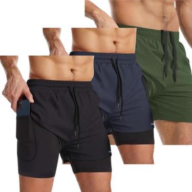 Imagem de Kit 3 Bermuda Shorts 2 em 1 Masculino Academia Dryfit Elastano Treino 