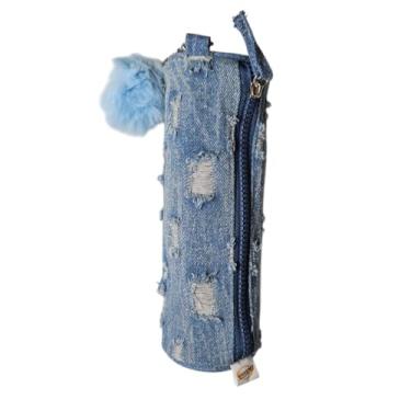 Imagem de Estojo Jeans Rasgado Destroyed Pompom Azul Escolar Moderno