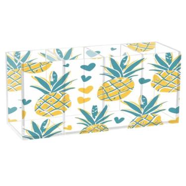 Imagem de Qilmy Porta-canetas de acrílico de abacaxi com desenho animado, 3 compartimentos, porta-lápis transparentes para mesa, organizador de pincéis de maquiagem, copo organizador de lápis para material