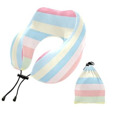 Imagem de CEBUGI Travesseiros de viagem portáteis em forma de U, travesseiro de pescoço de espuma viscoelástica com trava de corda ajustável para avião, viagem, trem, negócios, escritório, soneca (listras