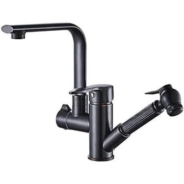 Imagem de Torneiras de cozinha torneiras de pia de banheiro torneira de cozinha preta cobre água fria bombeamento pia pistola de pulverização multifuncional cabeça giratória orbe