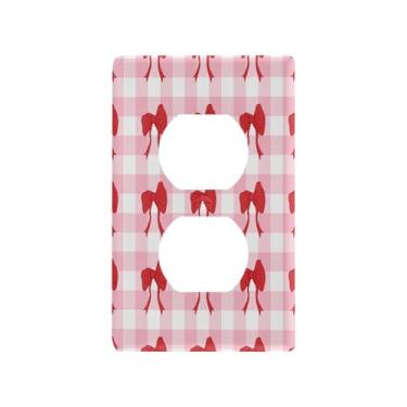 Imagem de Wassud Placa de cobertura decorativa para interruptor de luz com laços vermelhos quadriculados para tomadas elétricas duplex 11 x 7 cm