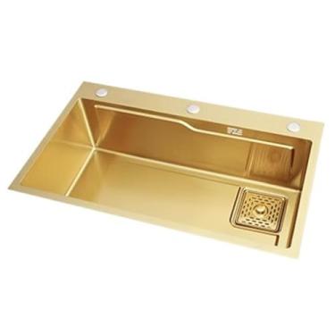 Imagem de PVXMQFFA Pia de cozinha de tigela única, estação de trabalho dourada, pia de cozinha de aço inoxidável com acessórios, bacia de aço inoxidável engrossada embaixo da bancada (cor: ouro, tamanho: 53