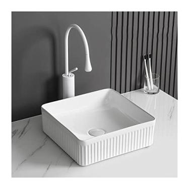 Imagem de YYBOES Pia de banheiro pia de vaso de banheiro 35,56 cm x 35,56 cm pia de banheiro quadrada, pia de vaso de cerâmica acima do balcão com torneira, pia de vaso de pia branca