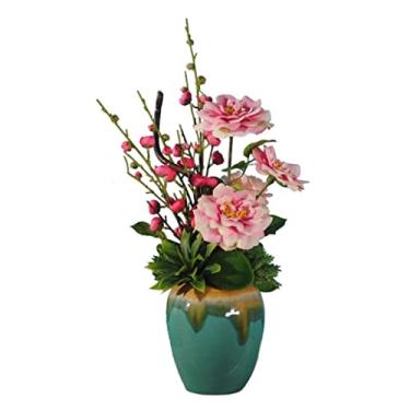 Imagem de LMJYU Flor artificial com vaso de orquídea Camelchang anúncio ameixa vaso de cerâmica conjunto de flores artificiais flor de seda, decoração de flores artificiais orquídea (P)