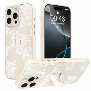 Imagem de AIGOMARA Capa feita para iPhone 16 Pro Max com alça de dedo suporte de flor branca estampa floral design TPU macio amortecedor rígido PC traseiro antiqueda à prova de choque capa fina