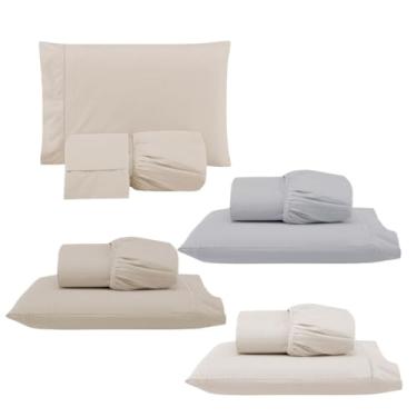 Imagem de Kit 4 Jogos de Lençol com Elástico e Fronha Bordada em Ponto Palito, 1 Casal Queen 198x158x35cm e 3 Solteiros 188x88x30cm (4 Jogos Versat(Queen: Cáqui e Solteiros:Cáqui/Cinza/Palha))