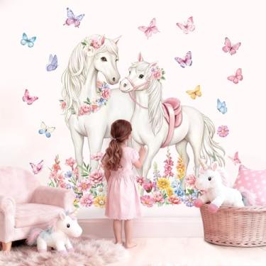 Imagem de decalmile Decalques de parede de flor de cavalo branco animais de fazenda floral borboleta adesivos de parede para quarto de crianças quarto de meninas decoração de casa