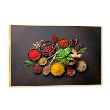 Imagem de NHLDZYH Moldura dourada. Arte de parede em tela de especiarias coloridas e colher de tempero | Decoração de cozinha vintage | Arte moderna para casa e sala de jantar. B01. 80 x 120 cm - 31,5 x 47,3