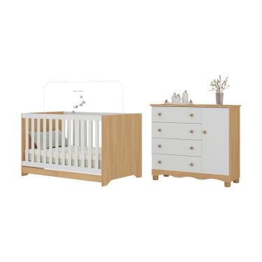 Imagem de Berço Americano 3 Em 1 Com Cômoda 1 Porta 4 Gavetas Dengo Multimóveis MP4686 Madeirado-branco