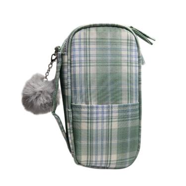 Imagem de Estojo Box Grande Escolar Xadrez Verde com Pompom Organizador Colorido Fofo Alça Aula Material