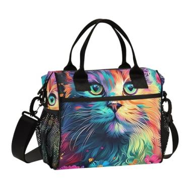 Imagem de ODAWA Lancheira floral para gatos arco-íris com alça de ombro ajustável, lancheira feminina para trabalho