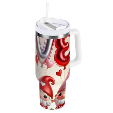 Imagem de Copo térmico de parede dupla de 850 g, copo com isolamento a vácuo vermelho Love Gnomos com tampa e canudo