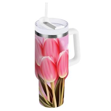 Imagem de ODAWA Copo de tulipas rosa de 1,134 g isolado com alça e palha, copo isolado a vácuo de aço inoxidável