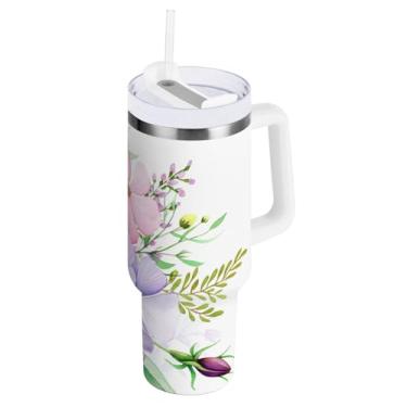 Imagem de ODAWA Grande buquê de flores silvestres copo de aço inoxidável com canudo e alça copo de viagem isolado