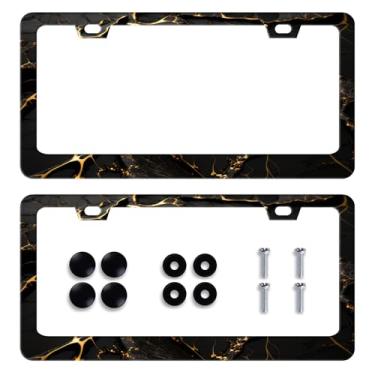 Imagem de 2 peças moldura de matrícula de mármore preto dourado mármore impresso moldura de placa de carro engraçado suporte de aço inoxidável placa de licença para mulheres homens 6 x 12 polegadas