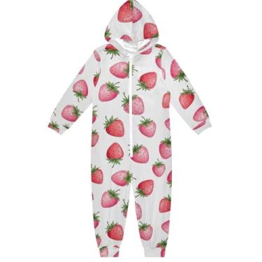 Imagem de Macacão infantil unissex rosa vermelho morangos branco peça única para meninos e meninas 4 anos, Rosa vermelho morangos brancos, 13-14 Anos