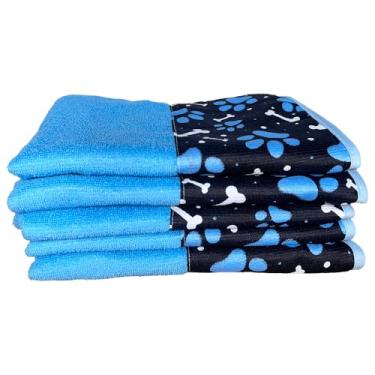 Imagem de Kit 5 Peças Toalha de Banho Pet Alta Absorção, 70x100cm, Material Poliéster e Algodão, Secagem Rápida, para Cães e Gatos de Todos os Portes (Azul)