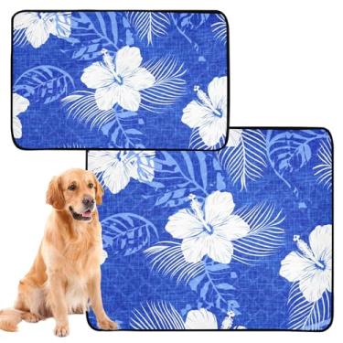 Imagem de Flores Brancas Folhas Tropicais Azuis Laváveis Almofadas para Animais de Estimação para Animais de Estimação Almofada para Animais de Estimação Impermeável Tapete para Cachorros Absorventes Fofos