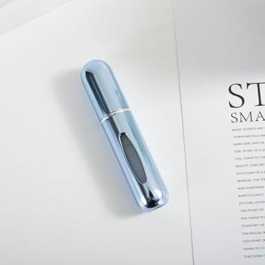 Imagem de Frasco de spray atomizador de perfume portátil de 5 ml, alumínio brilhante, autoescorvante recarregável para viagens, carro, retoques diários, azul claro