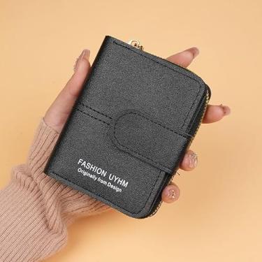 Imagem de Carteira feminina de couro genuíno com dobra dupla/tripla - Suporte minimalista para cartão de crédito com bloqueio de RFID e bolso para moedas, Preto, Casual