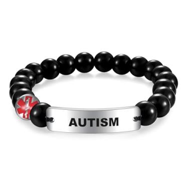 Imagem de COMTRUD Pulseira de identificação médica de aço inoxidável dobra etiqueta de identificação da marca para homens mulheres obsidiana alerta médico pulseira contas personalizado joia presente