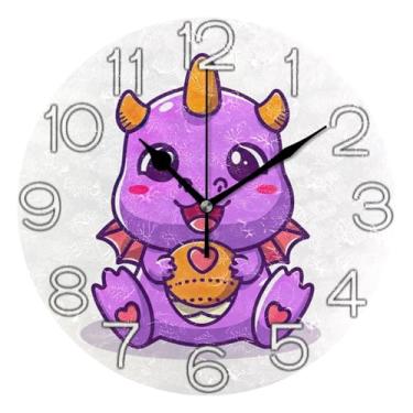 Imagem de GAIGEO Relógio de parede decorativo analógico relógio de cozinha rústico operado a bateria, arte de parede moderna legal decoração de casa dragão fofo desenho animado roxo, 25 cm, ponteiros dourados