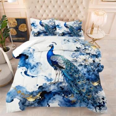 Imagem de CCoutueChen Conjunto de edredom Queen com estampa de pavão, azul floral, pássaro, 3 peças, elegante, com 2 fronhas, microfibra supermacia para todas as estações