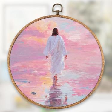 Imagem de Arte de parede rosa Jesus andando na água, decoração de parede redonda religiosa cristã, impressões de arte estética moderna ou sala de oração, sala de igreja, quarto rosa, presentes para mulheres