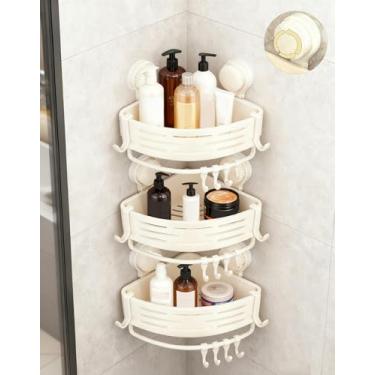 Imagem de Pacote com 3 suportes de chuveiro de canto com ventosas Twist-Lock e uma camada adesiva ultra-forte pré-aplicada, o organizador de chuveiro sem broca com barra de toalha e orifícios de drenagem para