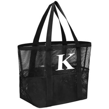 Imagem de wanchel Bolsa de praia de malha personalizada para mulheres - Sacola à prova d'água com inicial inicial para viagens em família, brinquedos, itens essenciais de férias