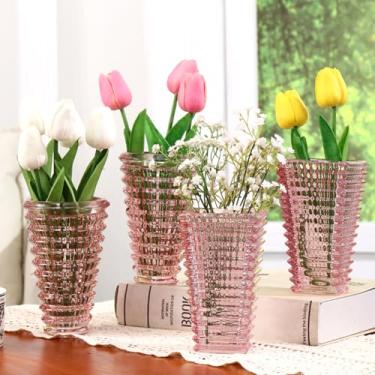 Imagem de MCMCNCUIU Conjunto de 4 vasos de flores de cristal, vasos de vidro para centros de mesa, vasos rosa para flores, vaso pequeno para sala de estar, quarto, cozinha, escritório, casamento