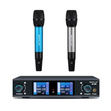 Imagem de SOMLIMI ES200 Microfone sem fio duplo canal metálico para palco performance igreja ktv festa (ES200-Cinza + Azul)