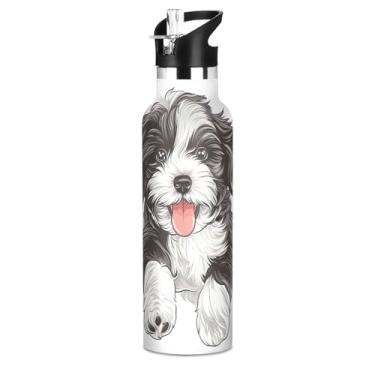 Imagem de Garrafa de água fofa preta e branca com tampa de palha, garrafas de água isoladas de aço inoxidável para adolescentes e crianças, 590 ml, livre de BPA, copos infantis a vácuo de parede dupla